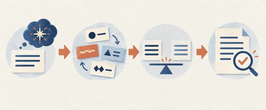 Flusso editoriale con idea, cambi di parole, equilibrio del significato e controllo finale