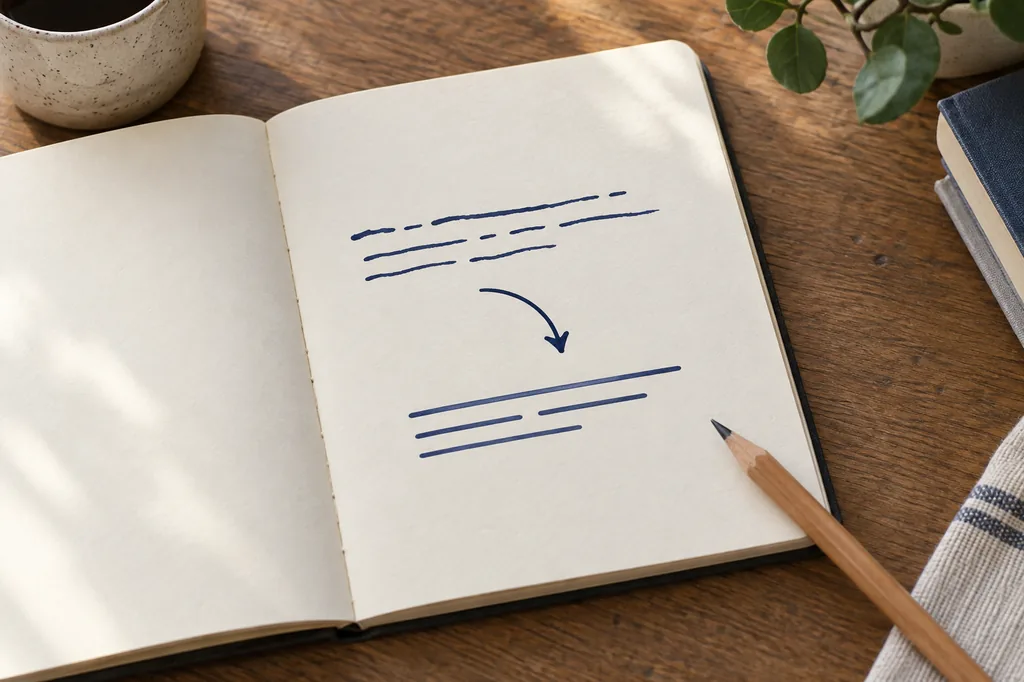 Quaderno aperto con una frase originale trasformata in una versione più chiara