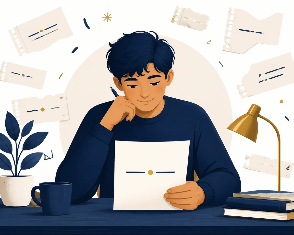Schüler überprüft beim Grammatiklernen einen vollständigen Satz