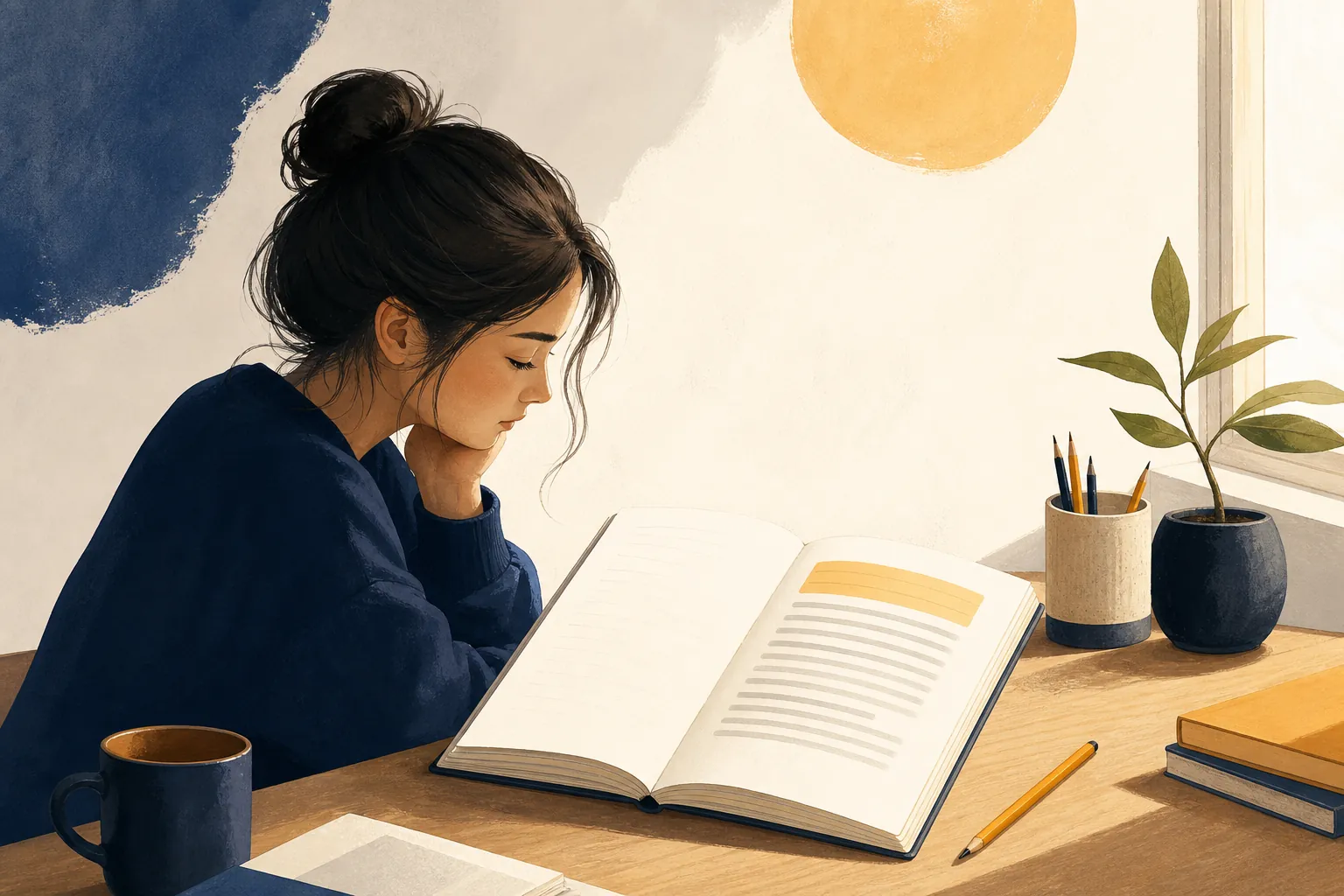Studentessa che rivede un paragrafo con la frase iniziale evidenziata