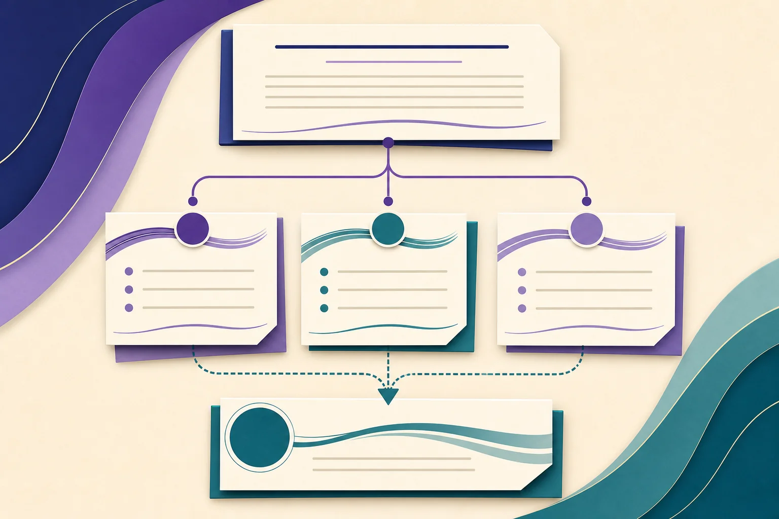 Schema editoriale in cui un'idea iniziale conduce a dettagli di supporto e a una conclusione