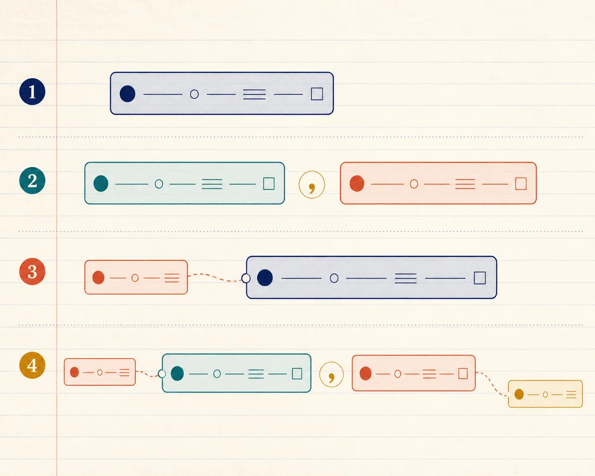 Diagramma editoriale che mostra quattro strutture di frase come blocchi di proposizioni collegate